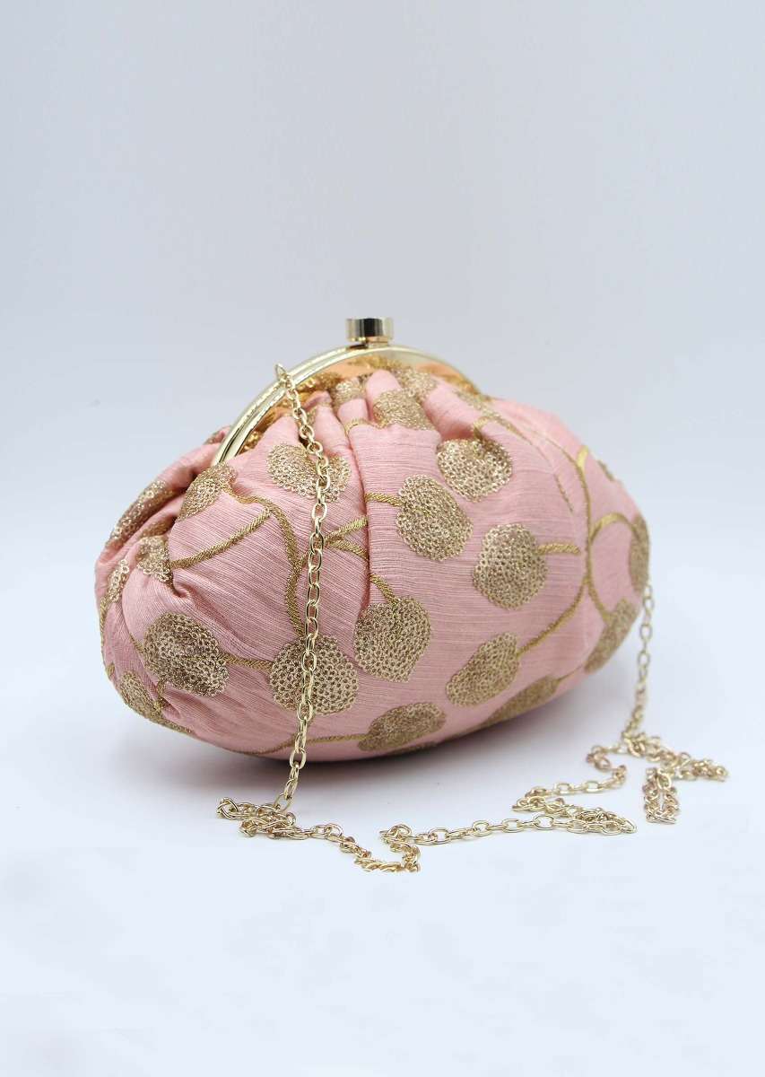 Peach raw silk embroidered curvaceous clutch 