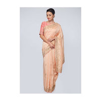 Peach Saree In Raw Silk With Zari And Sequins Embroidered Buttis And Border Online - Kalki Fashion