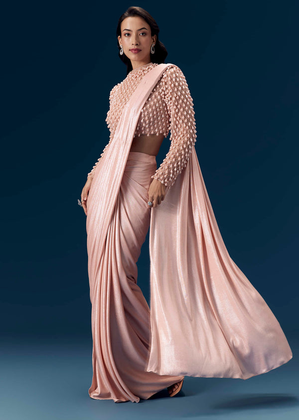 Peach Ready Pleated Saree With Heavy Embellished Blouse