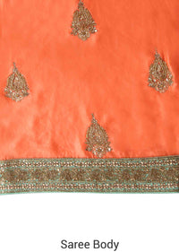 Peach saree adorn in sequin and kundan embroidery only on Kalki