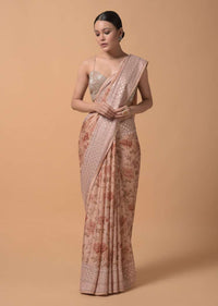 Peach Saree In Georgette Blend With Floral Print And Embroidered Border Online - Kalki Fashion