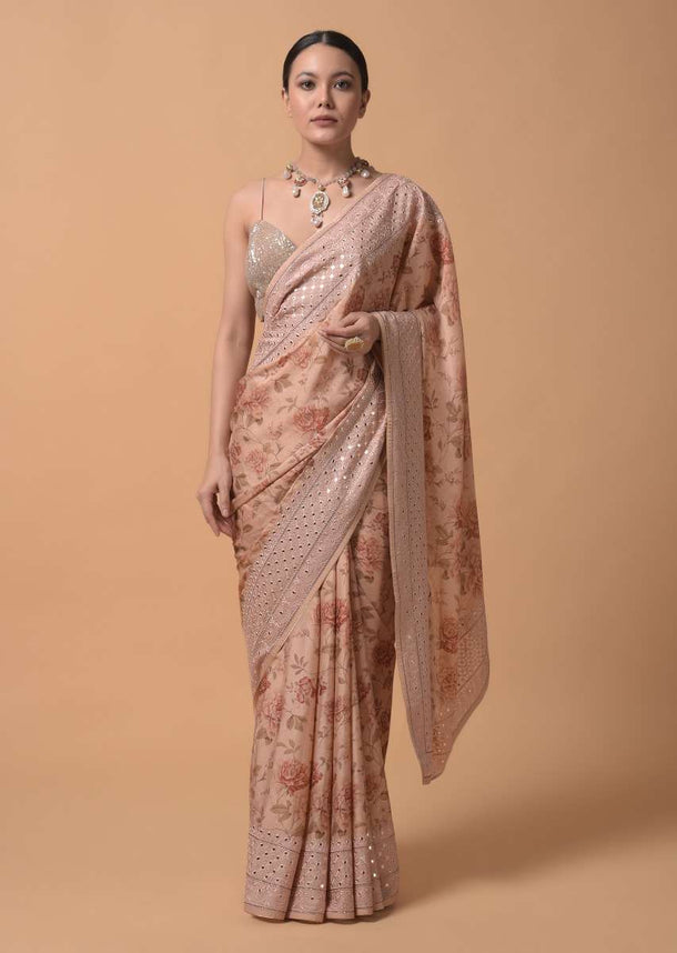 Peach Saree In Georgette Blend With Floral Print And Embroidered Border Online - Kalki Fashion