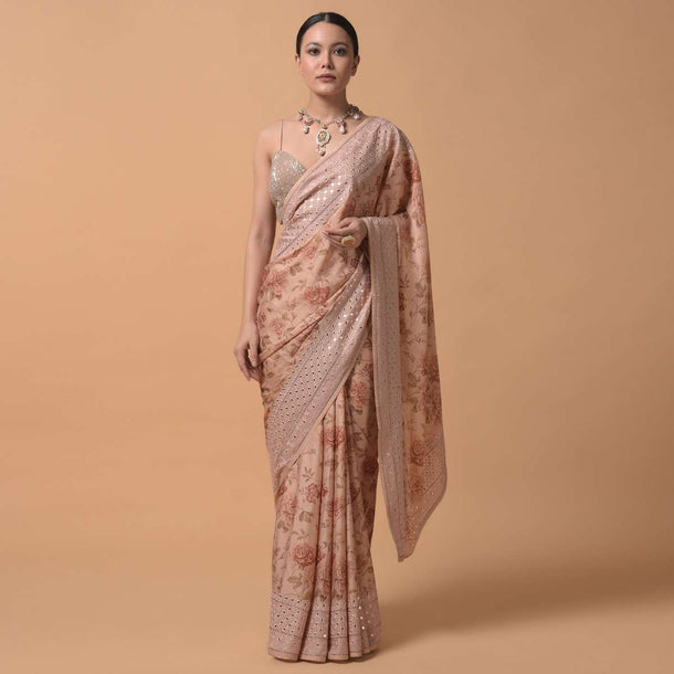 Peach Saree In Georgette Blend With Floral Print And Embroidered Border Online - Kalki Fashion