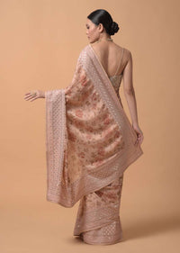 Peach Saree In Georgette Blend With Floral Print And Embroidered Border Online - Kalki Fashion