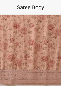 Peach Saree In Georgette Blend With Floral Print And Embroidered Border Online - Kalki Fashion