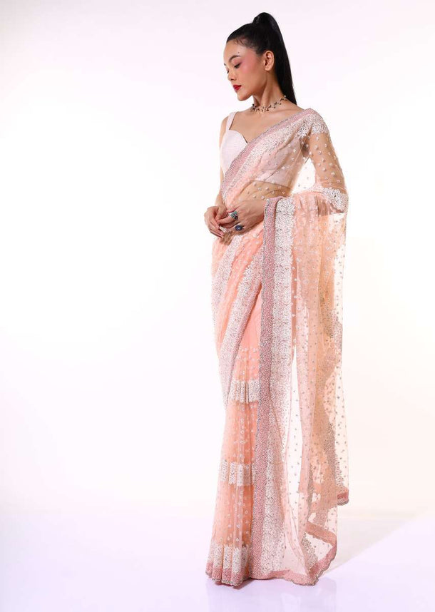 Peach Saree In Net With Resham And Moti Embroidered Striped And Butti Design Along With Unstitched Blouse Online - Kalki Fashion