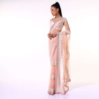 Peach Saree In Net With Resham And Moti Embroidered Striped And Butti Design Along With Unstitched Blouse Online - Kalki Fashion