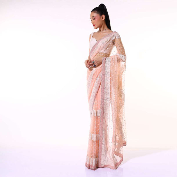 Peach Saree In Net With Resham And Moti Embroidered Striped And Butti Design Along With Unstitched Blouse Online - Kalki Fashion