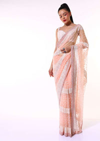 Peach Saree In Net With Resham And Moti Embroidered Striped And Butti Design Along With Unstitched Blouse Online - Kalki Fashion