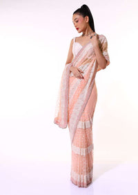 Peach Saree In Net With Resham And Moti Embroidered Striped And Butti Design Along With Unstitched Blouse Online - Kalki Fashion