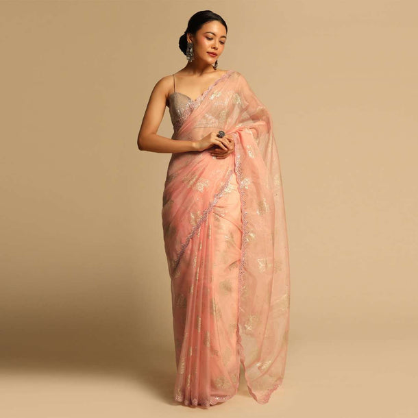 Peach Saree In Organza With Foil Printed Floral Buttis And Scalloped Mirror Border Along With Unstitched Blouse Online - Kalki Fashion