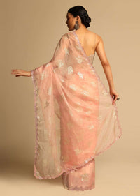 Peach Saree In Organza With Foil Printed Floral Buttis And Scalloped Mirror Border Along With Unstitched Blouse Online - Kalki Fashion