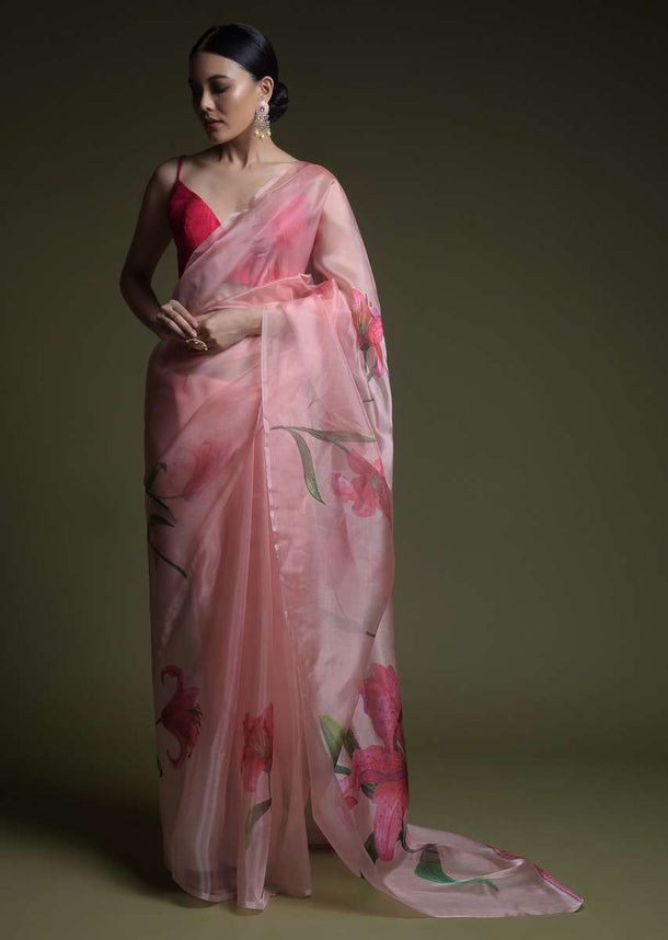 Peach Saree In Organza With Printed Flowers Online And Unstitched Blouse - Kalki Fashion