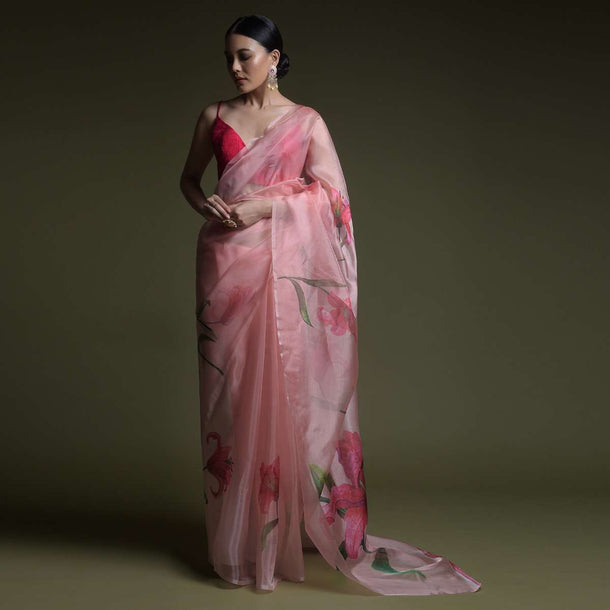 Peach Saree In Organza With Printed Flowers Online And Unstitched Blouse - Kalki Fashion