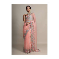 Peach Saree In Organza With Resham Embroidered Floral Design On The Border