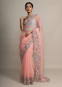 Peach Saree In Organza With Resham Embroidered Floral Design On The Border