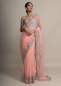 Peach Saree In Organza With Resham Embroidered Floral Design On The Border