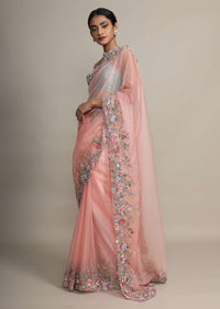 Peach Saree In Organza With Resham Embroidered Floral Design On The Border