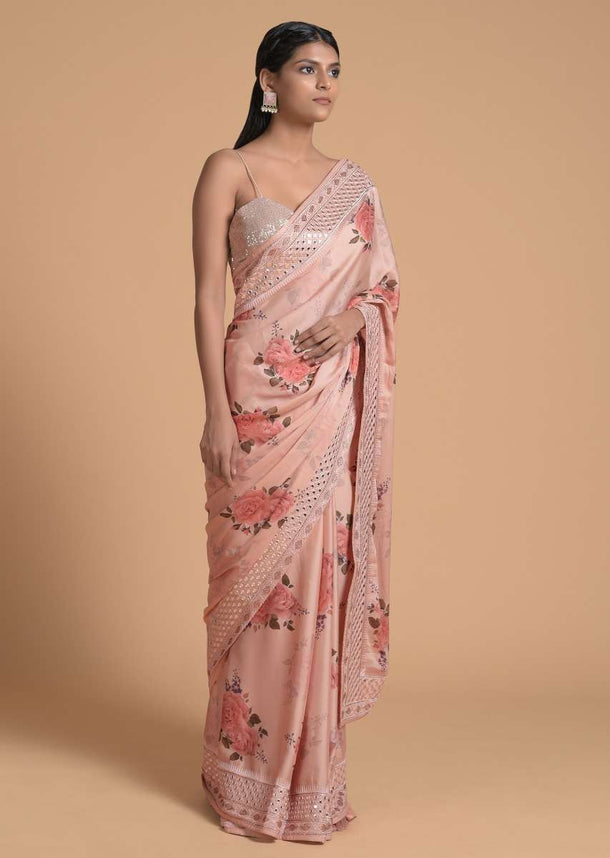 Peach Saree In Satin Crepe With Floral Print And Gotta Patti Embroidered Border Online - Kalki Fashion