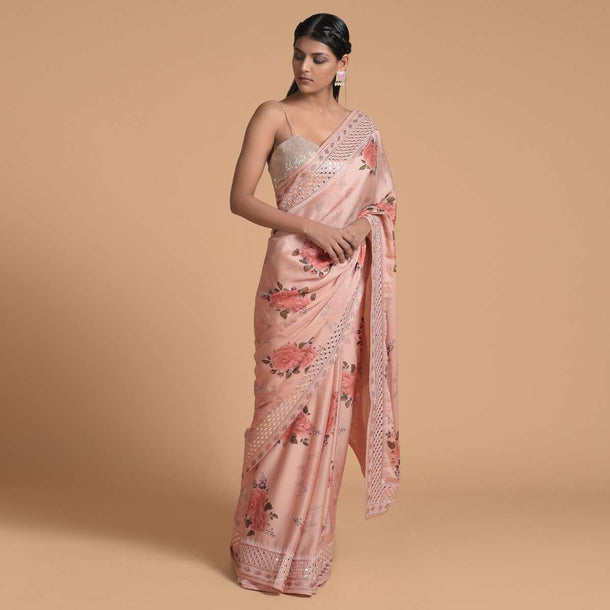 Peach Saree In Satin Crepe With Floral Print And Gotta Patti Embroidered Border Online - Kalki Fashion