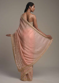 Peach Saree In Satin With Cut Dana And Zardosi Embroidered Stripes And Unstitched Blouse Online - Kalki Fashion