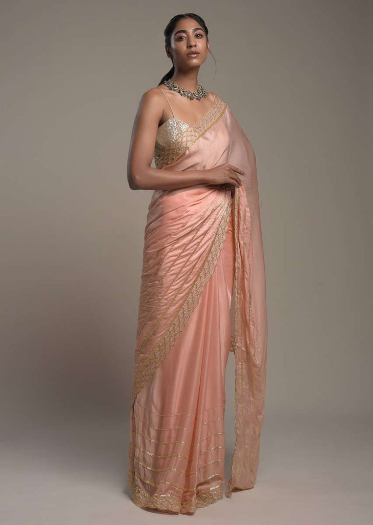 Peach Saree In Satin With Cut Dana And Zardosi Embroidered Stripes And Unstitched Blouse Online - Kalki Fashion