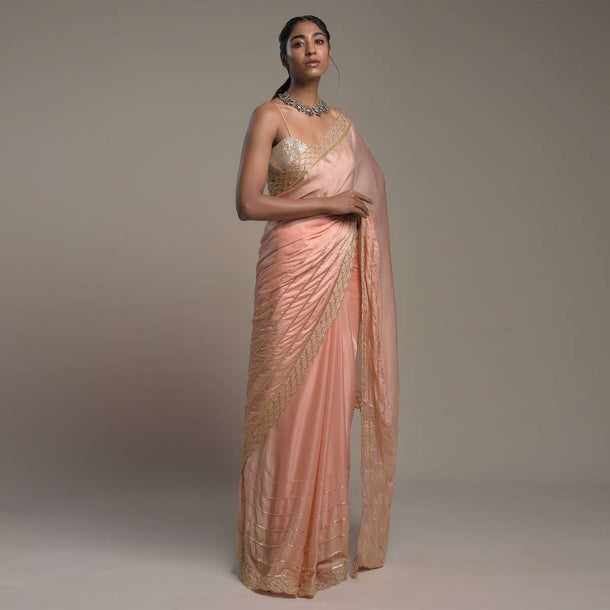 Peach Saree In Satin With Cut Dana And Zardosi Embroidered Stripes And Unstitched Blouse Online - Kalki Fashion