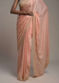 Peach Saree In Satin With Cut Dana And Zardosi Embroidered Stripes And Unstitched Blouse Online - Kalki Fashion