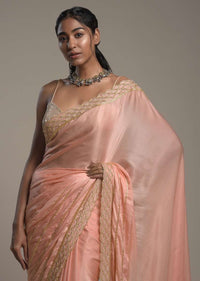 Peach Saree In Satin With Cut Dana And Zardosi Embroidered Stripes And Unstitched Blouse Online - Kalki Fashion