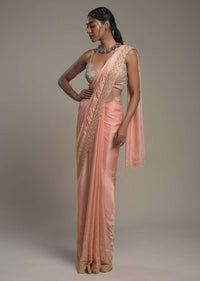 Peach Saree In Satin With Cut Dana And Zardosi Embroidered Stripes And Unstitched Blouse Online - Kalki Fashion