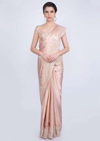 Peach Saree In Satin With Moti And Stone Embroidered Border Online - Kalki Fashion