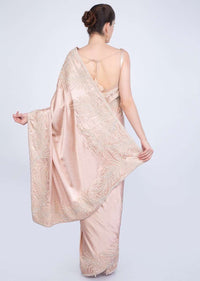 Peach Saree In Satin With Moti And Stone Embroidered Border Online - Kalki Fashion