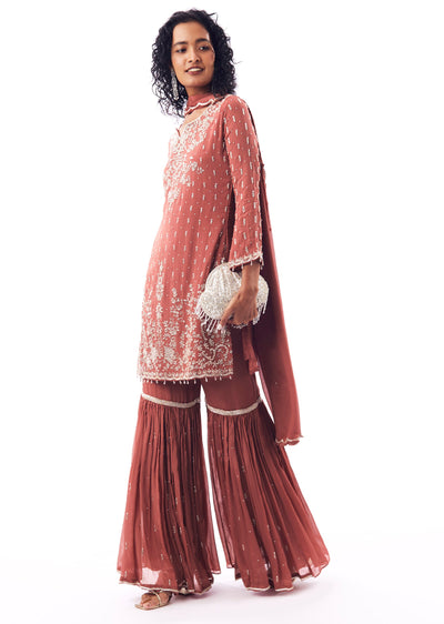 Peach Sharara Suit With Cutdana And Moti Work