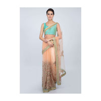 Peach sheer net saree with in floral embroidery and butti only on kalki