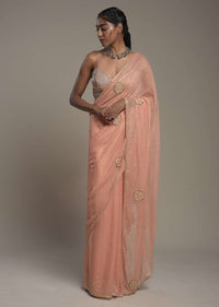 Peach Georgette Saree With Scattered Sequins And Moti Motifs Along With Unstitched Blouse Online - Kalki Fashion