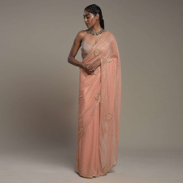 Peach Georgette Saree With Scattered Sequins And Moti Motifs Along With Unstitched Blouse Online - Kalki Fashion