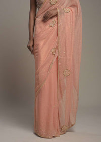 Peach Georgette Saree With Scattered Sequins And Moti Motifs Along With Unstitched Blouse Online - Kalki Fashion