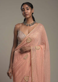 Peach Georgette Saree With Scattered Sequins And Moti Motifs Along With Unstitched Blouse Online - Kalki Fashion