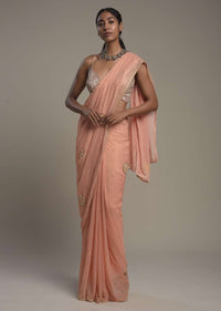 Peach Georgette Saree With Scattered Sequins And Moti Motifs Along With Unstitched Blouse Online - Kalki Fashion