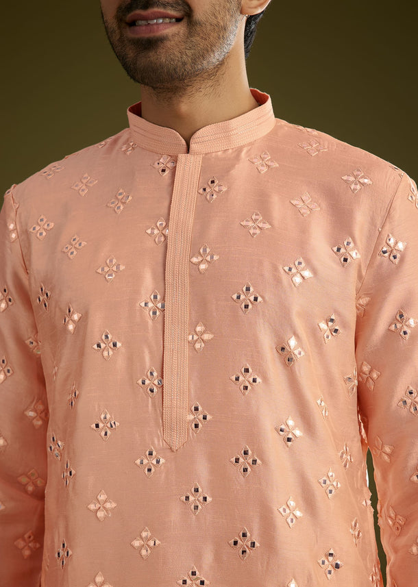 Peach Silk Blend Kurta Set With Mirror Work