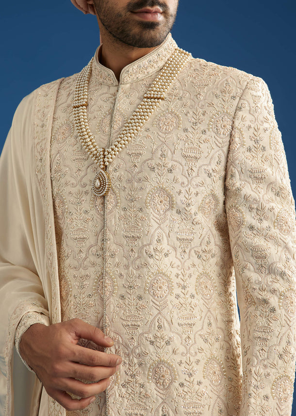 Peach Silk Groom Sherwani Set With Thread And Zardosi Work