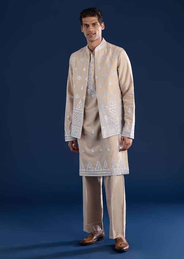 Peach Silk Jacket Kurta Set with Zari Work