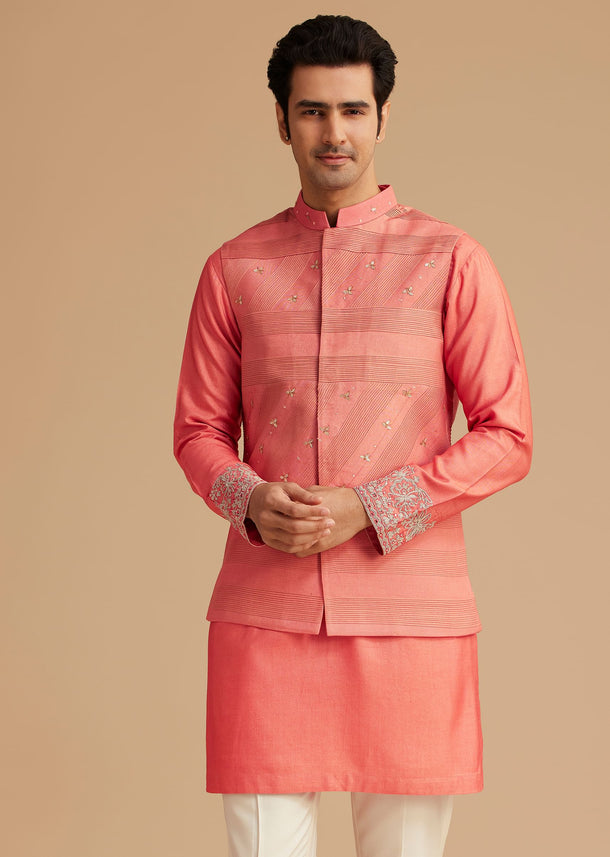Peach Silk Kurta With Embroidered Jacket