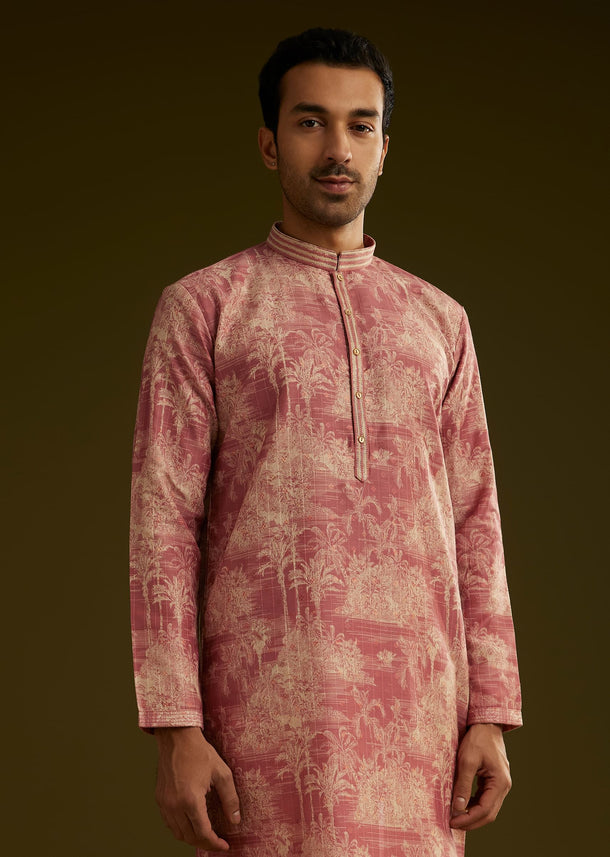 Peach Silk Printed Kurta Set With Tree Motifs
