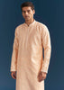 Peach Silk Textured Kurta Set For Men With Thread And Mirror Work
