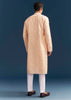 Peach Silk Textured Kurta Set For Men With Thread And Mirror Work