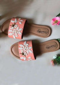 Peach Slider Flats With Pearl Embellished Rose Motifs Online By Sole House