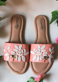 Peach Slider Flats With Pearl Embellished Rose Motifs Online By Sole House