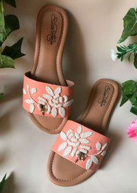 Peach Slider Flats With Pearl Embellished Rose Motifs Online By Sole House