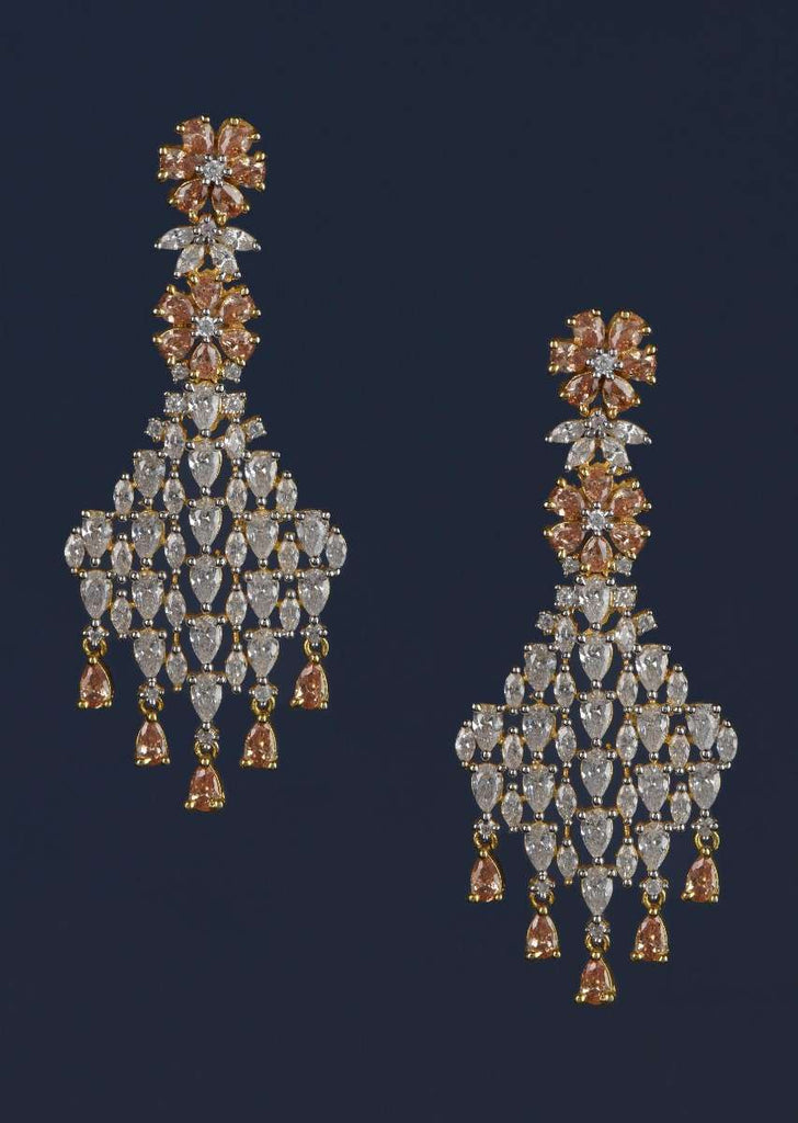 Peach Stones And Crystal Studded Earrings In Floral Motifs Online - Kalki Fashion